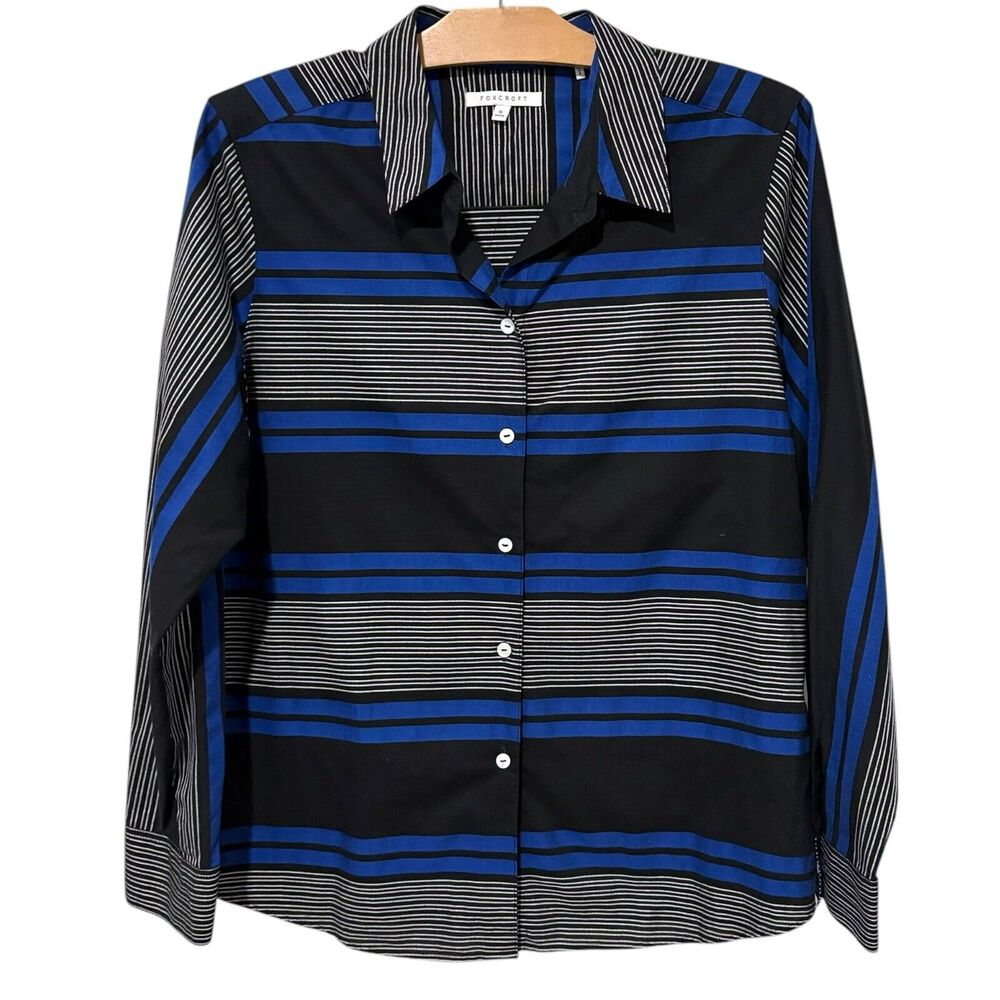 Foxcroft Blue and Black Striped Button Down Shirt 16